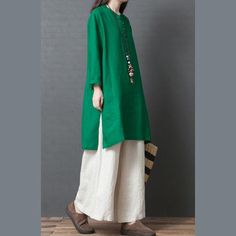 Women green linen outfit Casual Fabrics Chinese Button short side open Dress

This dress is made of cotton or linen fabric, soft and breathy. 

Flattering cut. Makes you look slimmer and matches easlily.
 
Materials used: linen100%

Measurement:Size M/US16-18/EUR44   
   
length 86cm / 33.54"
bust 102cm / 39.78"
Shoulder 40cm / 15.6"
Sleeve length 53cm / 20.67"

Size L/US16-18/EUR44   
   
length 87cm / 33.93"
bust 106cm / 41.34"
Shoulder 41cm / 15.99"
Sleeve length 54cm / 21.06"

Size XL/BUST-1 Spring Green Cotton Tunic, Bohemian Green Linen Dress, Green Bohemian Linen Dress, Casual Green Ramie Dress, Green Tunic For Spring Daywear, Green Linen Dress For Daywear, Green Linen Casual Dress With Buttons, Casual Green Linen Dress With Buttons, Green Tunic For Daywear