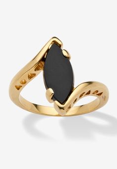 The sleek, clean look of onyx is made even more beautiful in this golden ring. A marquise-shaped onyx stone is set in a swirl of 18k gold-plated. Includes gift box and drawstring pouch. 18k Gold-PlatedMain Stone: 1 Marquise Special Cut Genuine Black Onyx, 14 mm x 7 mmDimensions: 22 mm wide x 17 mm long x 4 mm highSizes 5-10Includes gift box and drawstring pouchImported  | Women's 18k Yellow Gold-Plated Natural Black Onyx Marquise Shaped Bypass Ring by PalmBeach Jewelry in Gold (Size 7) Palm Beach Jewelry, Gold Ring Designs, Bypass Ring, Golden Ring, Black Onyx Ring, Rings Cool, Unique Ring, Onyx Ring, Drawstring Pouch