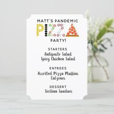 a white card with the words mat's pandemic party written on it