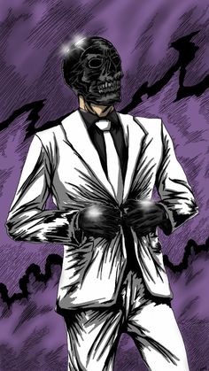 a drawing of a man in a white suit with a skull on his head and hands behind his back