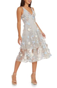 A lush garden scene is embroidered all over this figure-flattering dress topped with a sculpted bodice and finished with a breezy, flared skirt. 45" length (size medium) Hidden back-zip closure Deep V-neck Sleeveless Partially lined 100% polyester Machine wash, dry flat Imported Sleeveless Floral Applique Midi Dress For Garden Party, Sleeveless Midi Dress With Floral Applique For Garden Party, Feminine Floral Embroidered Dress For Garden Party, Sleeveless Embroidered Dress For Spring Evening, Spring Evening Embroidered A-line Dress, A-line Dress With Floral Applique And Fitted Bodice, Summer Dresses With Floral Applique And Fitted Bodice, Floral Applique Fitted Bodice Dress For Spring, Spring Dress With Floral Applique And Fitted Bodice