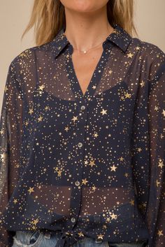 We hope you like compliments...cuz you'll get them in this fun blouse! Foil Star Print Blouse Navy with Gold Stars Sheer Drawstring Waist Button Down Polyester Stage Costume Design, Stars In Her Eyes, Blouse For Work, Alt Clothing, Space Outfit, Stage Costume, Her Eyes, Sheer Fabric, Work Blouse