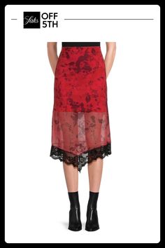 The Striking Asymmetric Hem Of This Mesh Midi-Length Skirt Is Accentuated With A Dainty Lace Trim. Stretch Waist Asymmetric Hem Pulls On 95% Polyesterundefined Red Midi Skirt, Red Midi, Midi Length Skirts, Asymmetric Hem, Midi Length, Floral Lace, Black Lace, Lace Trim, Midi Skirt