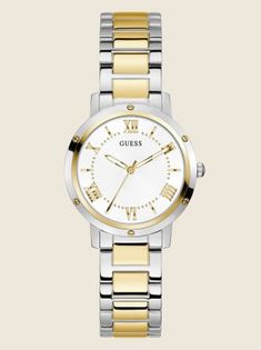 Optimize your day with this two-tone analog watch featuring screw hardware around the bezel, silver and gold-tone detailing throughout on a stainless steel bracelet. Case diameter in mm: 34 2 year limited warranty Circle Watch, Womens Circle, Silver Watches Women, Guess Watch, Women's Circle, Watch For Women, Analog Watch, Two Tone Watch, Accessories Store