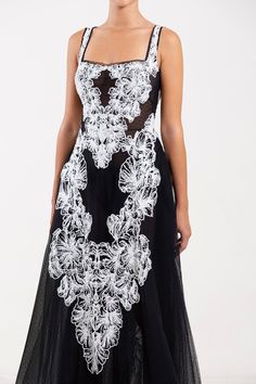 Description Black-White A-line, Long dress Sleeveless Open neckline Tulle, Embroidered lace Dry Clean Evening Dress RTWSS22-72-38 Long Dress Sleeveless, Saiid Kobeisy, Dress Sleeveless, Embroidered Lace, Embroidered Dress, Evening Dress, Fashion News, Long Dress, Polka Dot