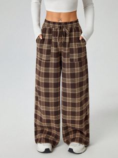 Women's Autumn And Winter Woven Plaid Wide-Leg Trousers With Pockets Brown Casual   Woven Fabric Plaid Wide Leg Non-Stretch  Women Clothing, size features are:Bust: ,Length: ,Sleeve Length: Plaid Trousers Women, Plaid Pants Women, Random Outfits, Plaid Trousers, Plaid Pajama Pants, Birthday Stuff, Checked Trousers, Wardrobe Ideas, Women Pants