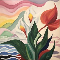 an abstract painting with flowers and mountains in the background