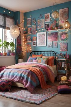 a bedroom decorated in bright colors with pictures on the wall and lights hanging above it