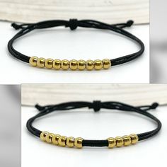 "Handmade Adjustable Stretch Gold Plated Stainless Steel Mini Beaded Counting Bracelet.  Nylon coated cord is comfortable, stretchy and adjustable. Simply slide the little beads along the cord to count any 10 tasks. Adjustable with slider knot up to 9\" (pull cord ends to adjust to your perfect fit). Small 4mm beads, tarnish resistant. Unisex style. Personalized with your choice of initial (optional). Comes on card and in a gift bag. DETAILS: Measurements (approximately): 1mm cord, 4mm beads. Tag is 8mm, initial is 3mm. Materials: Nylon coated elastic cord.  Gold tone plated tarnish resistant Stainless Steel. Initial tag is gold plated brass. For Personalized Style Only: Please choose ONE letter, A-Z or mini heart. A tag will be added with a hand-stamped initial of your choice (one per ite Minimalist Gold Beaded Bracelets With Adjustable Length, Minimalist Gold Beaded Bracelet With Adjustable Length, Gold Beaded Bracelet With Adjustable Cord, Gold Minimalist Friendship Bracelets With Round Beads, Gold Beaded Bracelets With Adjustable Cord, Elegant Gold Beaded Bracelets With Adjustable Cord, Gold Resizable Jewelry With Round Beads, Gold Braided Bracelet With Resizable Round Beads, Resizable Gold Jewelry With Round Beads