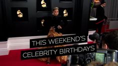 a woman standing in front of a red carpet with the words, this weekend's celebrity birthdays