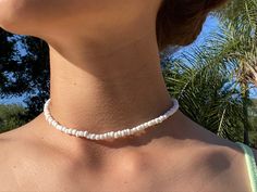 the golden palm | etsy Beachy Necklaces, White Beads Necklace, Cute Choker Necklaces, White Choker Necklace, Colorful Choker, Beachy Necklace, White Beaded Necklace, White Choker, Creative Jewelry Photography