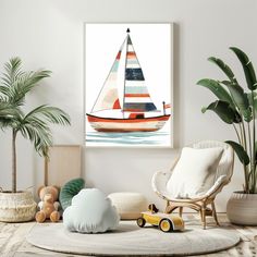 there is a painting on the wall with a boat in it and toys next to it