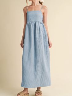 The Florence Maxi Dress is so gorgeous! Featuring adjustable spaghetti straps, an empire waist, smocked back, maxi length, and side pockets. You will want to twirl in this all summer long! 95% Polyester 5% Spandex Hand Wash Long Sleeveless Dress, Blue Linen Dress, Summer Maxi Dress, Baby & Toddler Clothing, Linen Dress, Empire Waist, Dresses Long, Toddler Outfits, Spring Summer Fashion