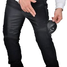 Upgrade your biker style with our Men Summer Motorcycle Racing Slim Fit Meshed Jeans. Made with high-quality meshed fabric, these jeans offer maximum breathability and comfort while providing a slim fit style. Perfect for your all-season rides, these jeans are a must-have for any motorcycle enthusiast. CE Certified Knee Hip Protective Pads ⇨ The knee and hip pads are detachable and easy to mount. Insert them into their special pockets for added protection on the road. Reinforced Stitching ⇨ The Fitted Black Jeans For Biker Events, Biker Jeans For Biker Events, Fitted Straight Leg Motorcycling Pants, Fitted Black Motorcycling Bottoms, Black Biker Workwear Pants, Fitted Leather Biker Pants For Motorcycling, Biker Pants With Pockets For Motorcycling, Motorcycle Jeans, Leather Motorcycle Gloves