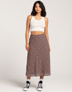 Rsq Low Rise Ditsy Midi Skirt. Allover Floral Print. Elastic Waist. Built In Lining. Approx. Length: 33''. 100% Polyester. Hand Wash. Imported. Model Is Wearing A Size Small. Model Measurements:height: 5'8" Bust: 32"waist: 25"hips: 36" Midi Skirt With Sneakers, Floral Midi Skirt Outfit, Skirts With Sneakers, Green Midi Skirt, Flannel Sweatshirt, Midi Skirt Outfit, Floral Midi Skirt, Open Knit Sweater, Cargo Skirt