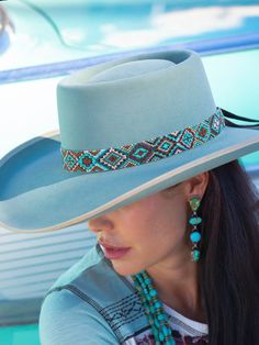 Fine Czech Glass Beaded Hatband, great finish to your felt or Panama Hat. One inch beaded colors of seafoam, pearl and chocolate, mixed with rusts, ambers and copper. Using my favorite color combinations, inspiring timeless works of art. I love the brilliance of the Santa Fe band and wear it everyday. Offered in Aqua, Chcoclate and Navy. Beaded Hatbands Native American, Handmade Artisan Hat Bands As Gift, Handmade Turquoise Bohemian Hat Band, Custom Handmade Blue Hat Band, Elegant Handmade Hat Bands For Rodeo, Elegant Handmade Hat Bands For Country Events, Elegant Adjustable Blue Hat Band, Handmade Southwestern Blue Hat Band, Southwestern Beaded Turquoise Hat Bands