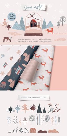 three different types of wallpapers with trees and animals on them, one is pink