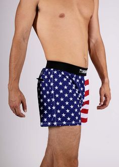 ChicknLegs men's USA 4 half split running shorts closeup shot of the front. American Flag Shorts, 140 Lbs, Running Shorts Men, Split Legs, Chicken Legs, Hug You, Man Running, Side Split, Fun Prints