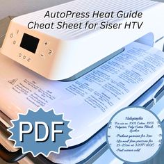 a stack of books with the text autopress heat guide sheet for sister htv