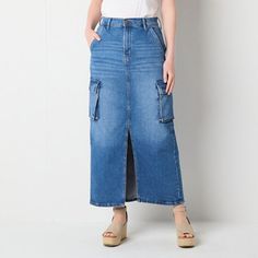 Upgrade your denim collection with this chic a.n.a women's high-rise maxi skirt. It's made from a cotton-blend with a flat front, a button-zip fly, and front, back, and cargo side pockets. Wear it with a tank top and wedges. Front Style: Flat FrontClosure Type: Button & ZipperClosure Location: FrontPockets: 2 Front Slip Pockets, 2 Cargo Side Pockets, 2 Back Button PocketsRise: High RiseApparel Length: 39 InchesFiber Content: 99% Cotton, 1% SpandexFabric Description: DenimLining: UnlinedSkirt Len Maxi Skirt Blue, Skirts Denim, Long Denim Skirt, Denim Skirt Women, Denim Skirts, Denim Collection, Skirts Maxi, Denim Skirt, Maxi Skirt