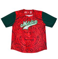 Wear the colors of your homeland with pride! Our baseball jersey, inspired by the mystical Sun Stone, connects you with the deepest roots of Mexico. The vibrant fire red, symbol of passion and energy, combined with the elegant olive green, will make you feel part of an ancient history. Turn every use into a celebration of your identity. Personalize it with your name and number embroidered and be the center of attention at every game. Built to last, this jersey is made with the finest materials and reinforced seams. The classic logo embroidery and details are done with a handcrafted touch that sets it apart. An investment in style and durability that will last for years to come. Made in Mexico by Mexican hands Red Jersey For Baseball Season With Team Spirit, Red Jersey For Baseball Season, Red Baseball Season Jersey With Team Spirit, Casual Red Baseball Jersey With Team Logo, Red Baseball Jersey For Team Spirit, Red Baseball Jersey For Fan Gear With Team Spirit, Red Baseball Jersey For Fan Gear, Red Baseball Jersey For Baseball Season, Red Sports Fan Baseball Jersey With Team Logo