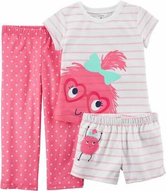 Featuring an adorable fuzzy friend with an aqua bow, this three-piece pajama set is crafted from an ultra comfortable jersey. Equipped with shorts and pants, this set has seasonal versatility. 100% Polyester   Paypal Payments Accepted.   All purchases are mailed out within 2 business days of receipt of payment. Fun Cotton Loungewear Set, Playful Cotton Sleepover Sets, Playful Cotton Pajama Sets, Playful Cotton Sets For Playtime, Fun Cotton Playtime Sets, Pink Fun Pajama Party Sets, Fun Pink Pajama Party Sets, Carters Baby Clothes