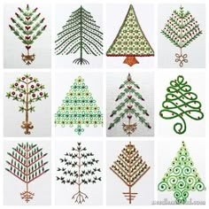 twelve christmas trees are shown in different colors and sizes, each with an ornament