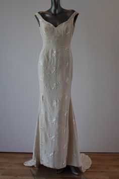 Caroline Holmes Rose Embroidered Double Silk Crepe Gown - Etsy Silk Cream Evening Dress With Fitted Bodice, Fitted Embroidered Evening Gown, Embroidered Fitted Evening Gown, Embroidered Fitted Gown For Evening, Full Length Bias Cut Gown For Wedding, Silk Evening Dress With Bias Cut For Wedding, Silk Wedding Dress With Floral Embroidery, Fitted Embroidered Evening Dress For Mother Of The Bride, Silk Bias Cut Evening Dress For Wedding