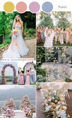 a collage of photos with different colors and flowers on them, including the bride's dress