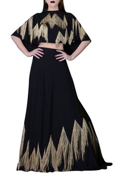 A black floor-length chanderi lehenga accentuated with gold fringes along the hemline. It can be paired with crop top or blouses and dupatta to complete the look. - Aza Fashions Bollywood Style Floor-length Sharara For Evening, Festive Evening Lehenga Long Skirt, Festive Evening Lehenga, Designer Embellished Black Palazzo Set, Traditional Embellished Black Palazzo Set, Embellished Black Bollywood Palazzo Set, Black Embellished Palazzo Set For Reception, Embellished Black Palazzo Set For Reception, Black Embellished Palazzo Set For Evening