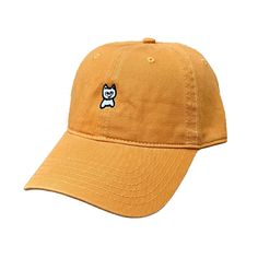 Meow Unstructured Hat [Mustard]-100% cotton chino twill-Unstructured 6-panel low-profile cap-Self cloth back strap with button closure-Bronze buckle-Size: Adjustable Yellow Cotton Baseball Cap With Curved Bill, Yellow Cotton Dad Hat, Yellow Cotton Trucker Hat With Curved Brim, Yellow Cotton Dad Hat With Curved Brim, Yellow Cotton Curved Brim Dad Hat, Yellow Cotton Snapback Baseball Cap, Casual Yellow Hat With Curved Visor, Yellow Baseball Cap With Curved Brim, Casual Yellow Cotton Dad Hat