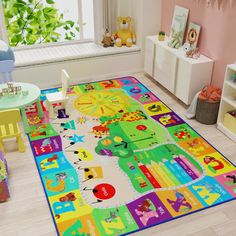 a brightly colored children's rug in a child's room with toys on the floor