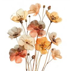 a bunch of flowers that are sitting on a white table top with watercolor paint