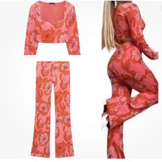 Zara Pink Orange Floral Print Jacquard Crop Top Pants 2 Piece Set Medium Casual Pink V-neck Sets, Feminine Pink V-neck Set, Fitted V-neck Printed Sets, Fitted Printed Pant Set For Summer, Spring Printed Fitted Sets, Spring Fitted Printed Sets, Chic Pink Long Sleeve Sets, Fitted Feminine Two-piece Set, Fitted Matching Set Bottoms For Spring