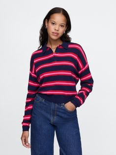 Supersoft cotton-blend polo sweater.  Polo collar with button placket.  Long sleeves with drop shoulders.  Fit: Relaxed.  A straight & easy fit.  For a Classic fit, go down one Gap Pullover, Navy Blue And Pink, Plush Yarn, Sweater Polo, Everyday Luxury, Polo Sweater, Navy Pink, Polo Collar, Pink Stripes