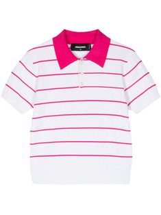 white/fuchsia pink ribbed knit horizontal stripe pattern polo collar front button placket short sleeves straight hem cropped White Ribbed Polo Collar Top, White Ribbed Top With Polo Collar, Fitted Polo Shirt With Striped Collar For Summer, Fitted Summer Polo Shirt With Striped Collar, Summer Fitted Polo Shirt With Striped Collar, White Polo Shirt With Contrast Stripes For Spring, Fitted Striped Polo Shirt For Summer, Summer Fitted Striped Polo Shirt, Pink Short Sleeve Top With Striped Collar