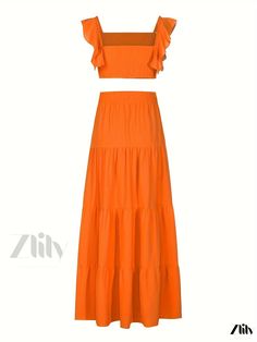 Zlily - Chic Ruffle Hem Skirt Set: Elegant Sleeveless Crop Top and High Waist Skirt Ensemble for Womens Fashionable Attire Summer Two-piece Tiered Skirt Dresses, Summer Two-piece Dresses With Tiered Skirt, Summer Ruffled Maxi Skirt, Summer Orange Maxi Skirt With Elastic Waistband, Casual Two-piece Maxi Skirt For Vacation, Summer Vacation Ruffled Maxi Skirt, Summer Vacation Maxi Skirt With Ruffles, Two-piece Maxi Skirt For Summer Day Out, Summer Two-piece Maxi Skirt For Day Out