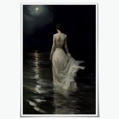 a painting of a woman standing in the water at night