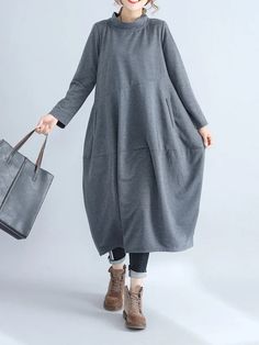 Casual Loose Plus Size Solid Color Hooded Midi Dresses Black And Gray Outfits, Gray Outfits, Lantern Dress, Soft Dresses, Robes Glamour, Outfits Modest, Grey Midi Dress, Solid Color Dress, Womens Turtleneck