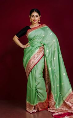 Silk Mark Certified Tussar Georgette Banarasi Saree in Jade Green. #tussarsilk #banarasi #greensaree Embroidered Green Banarasi Silk Saree, Ceremonial Green Banarasi Silk Saree, Luxury Green Banarasi Silk Pre-draped Saree, Luxury Pista Green Tussar Silk Pre-draped Saree, Georgette Banarasi Saree, Green Tussar Silk Handloom Pre-draped Saree, Banarasi Saree, Banarasi Sarees, Jade Green