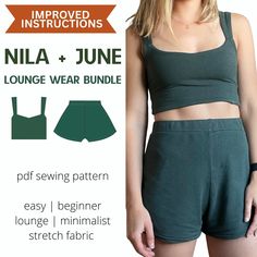 an image of a woman in shorts and top with text that reads, nila + june lounge wear bundle