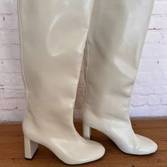 Nwot Zara Hi Off White Boots Faux Leather Never Worn, Still Tied Together Heel 3 1/4" Shaft Approx 15.5" Width At Calf - Approx 16" Circumference White Leather Knee-high Boots Medium Width, Cream Fitted Knee-high Boots With Round Toe, Fitted Cream Knee-high Boots With Round Toe, White Faux Leather Knee-high Boots For Spring, Cream Heeled Boots For Fall Party, Tall Leather Heeled Boots For Spring, Spring White Leather Knee-high Boots, White Leather Knee-high Boots For Spring, Elegant Synthetic Knee-high Boots For Spring