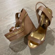 Unworn. Approx 5” High Heel With Approx 1.5” Platform. Color Is Tan With Gold Trim. Bcbg Max Azria, Max Azria, Leather Wedges, Gold Trim, Women's Shoes Sandals, High Heel, Sandals Heels, Shoes Sandals, High Heels