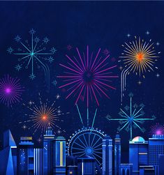 fireworks in the night sky over a city with skyscrapers and ferris wheel on it