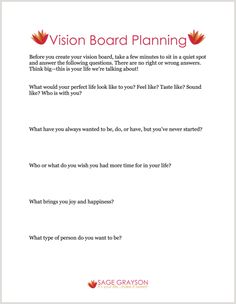 the vision board planning sheet is shown in red and white, with an orange background