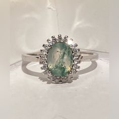 This Unique Natural Moss Agate Halo White Gold Plated Solid Sterling Silver Ring, Stamped S925 Is Stunning & One Of A Kind. Handmade Fine Jewelry Sz 7 Silver Moss Agate Ring, Moss Agate Wedding Ring, Agate Wedding Ring, Moss Agate Jewelry, Agate Wedding, Moss Agate Ring, Dot Dot, Handmade Fine Jewelry, Agate Ring