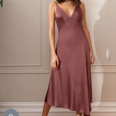 Satin V Neck Asymmetrical Midi Hem Dress. In Color “Cinnamon Rose”. Brand New. Size 8.