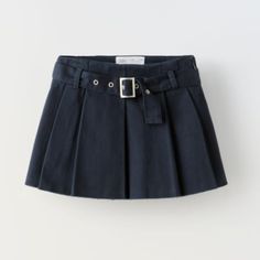 Skirt With Interior Adjustable Waistband And Side Zip Closure. Adjustable Belt. High Waist Cotton Tennis Skirt For School, High Waist Cotton Pleated Skirt For School, Cotton Lined Skort For School Uniform, Cotton School Uniform Skort With Lined Skirt, Navy Skirt For School In Spring, Cotton Skort With Lined Skirt For School, Cotton School Skort With Lined Skirt, Cotton Skort For School, Cotton Lined Skort For School