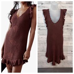 Free People Beach Crochet Rum Raisin Knit Mini Dress Size L- New Without Tags-Perfect For The Beach Or Just Going Out In Flipflops (Will Need To Wear Something Underneath)- Beautiful Rum Raisin Color- Ruffle Sleeves And Bottom Hem- Slim And Flattering Fit- Stretches- Tag Is Marked To Avoid Returning To Retail Store- Retails For $78- Check Pictures With Measuring Tape For Exact Measurements B-1-6 Fitted V-neck Crochet Dress With Open Knit, Casual Crochet Dress With Pointelle Knit And V-neck, Summer Pointelle Knit V-neck Crochet Dress, Casual Knitted Brown Dresses, Casual Brown Knitted Dress, V-neck Pointelle Knit Beach Dress, Fitted Crochet Dress With Ruffles For Vacation, Casual Fitted Crochet Dress With Crochet Trim, Fitted V-neck Crochet Dress With Pointelle Knit