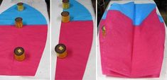 three different views of a pink, blue and white paper bag with buttons on it